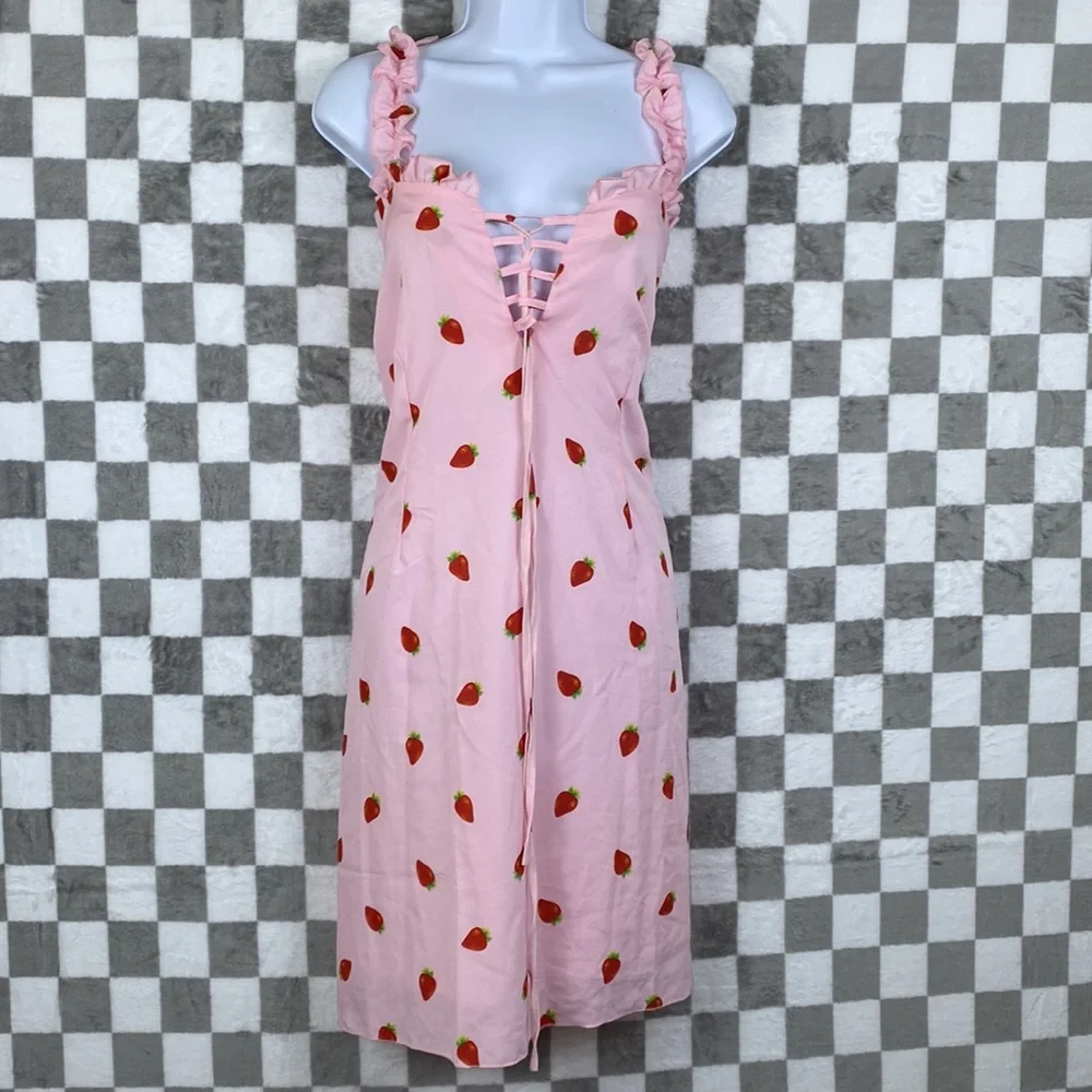 Baby Girl dresses pink strawberry blue floral with cute back tie 1xl 2xl Curve - Picture 7 of 10